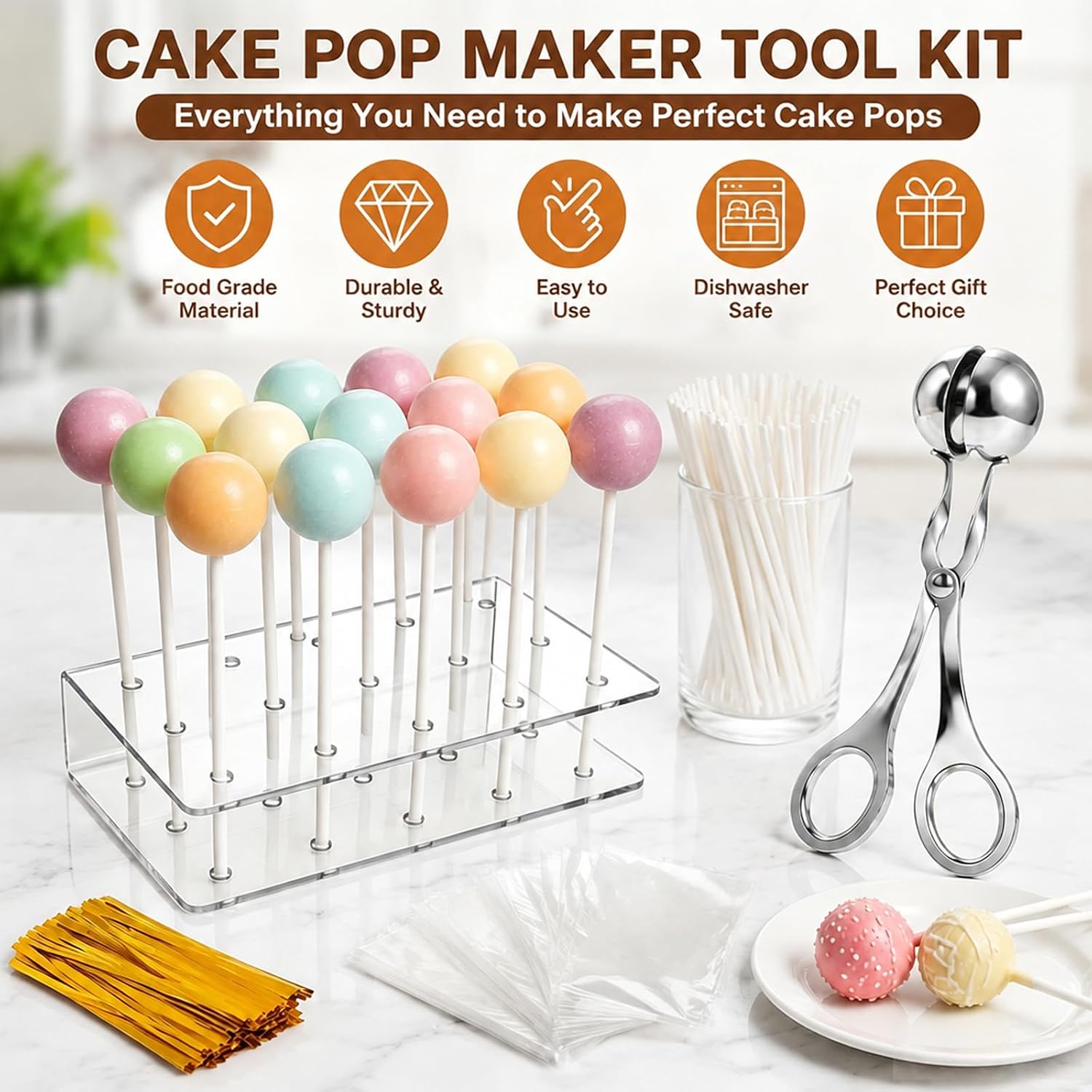 Cake Pop Kit, Complete Baking Set with Mold, 2 Pcs 15-Hole Acrylic Stands, 100 Lollipop Bags, Paper Sticks & Gold Twist Ties for Candy Chocolate Making