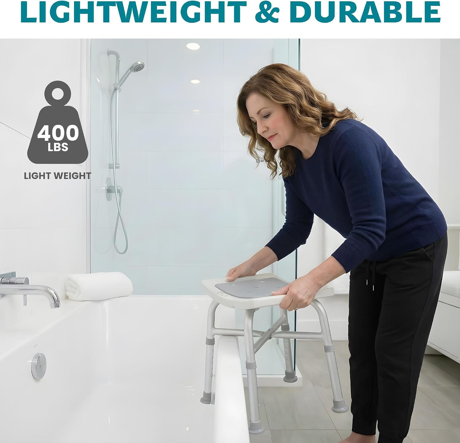 Dr. Aid Shower Chair for Inside Shower - 400 lbs, 5-Height Adjustable Bathroom Stool for Adults, Seniors & Disabled - 3-Minute Tool-Free Assembly, Anti-Slip Bath Bench for Tub & Small Showers
