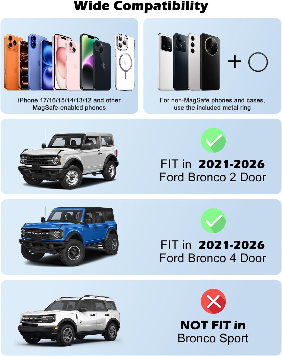 CloudValley Extended Ford Bronco Phone Mount 2021-2026 2/4 Door, Aluminum Alloy Magnetic Phone Holder, Off-Road Stable Anti-Shake No Drill Dash Mount, 360° Adjustable Bronco Accessories Fit All phones