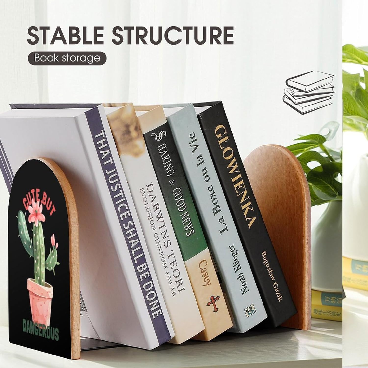 Cute But Dangerous Plants Cactus Cute Wood Book Ends Decorative Bookends 1 Pair Non-Skid for Shelves Home Office 7 X 5 Inch