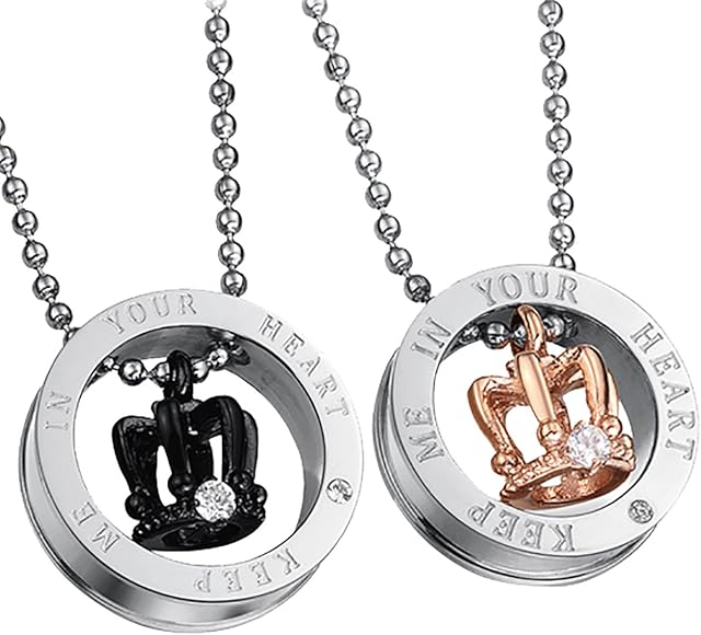 Cupimatch 2-Piece Stainless Steel CZ Queen King Crown Matching Pendant Couple Necklace with 22" Chain