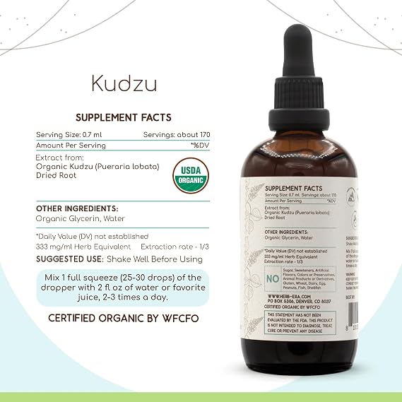 HerbEra Kudzu B120 USDA Organic Tincture | Alcohol-Free Extract, High-Potency Herbal Drops | Certified Organic Kudzu (Pueraria lobata) Dried Root (4 oz)