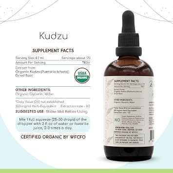 HerbEra Kudzu B120 USDA Organic Tincture | Alcohol-Free Extract, High-Potency Herbal Drops | Certified Organic Kudzu (Pueraria lobata) Dried Root (4 oz)
