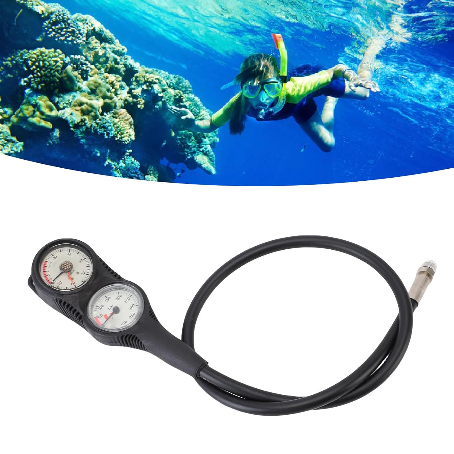Diving Pressure Depth Meter, Double Linkage Diving Console, Clear Display Depth Meter with TPR Material, Ideal for Underwater Enthusiasts