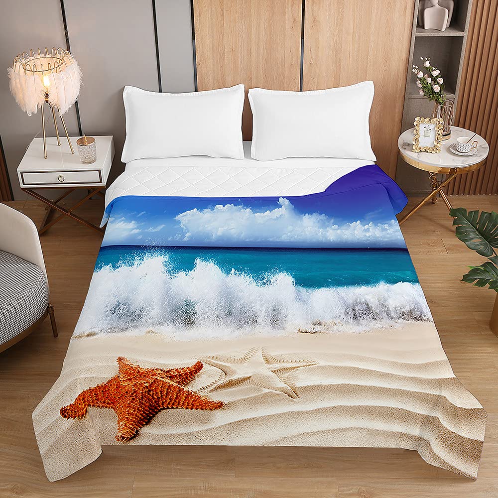 Surwin Waves Embossed Quilted Bedspreads Single Double Super King Bed Size, 3D Beach Landscape Print Bedspread Quilt Sofa Throws Blanket Lightweight Coverlet Microfiber Comforter (,220X240cm)