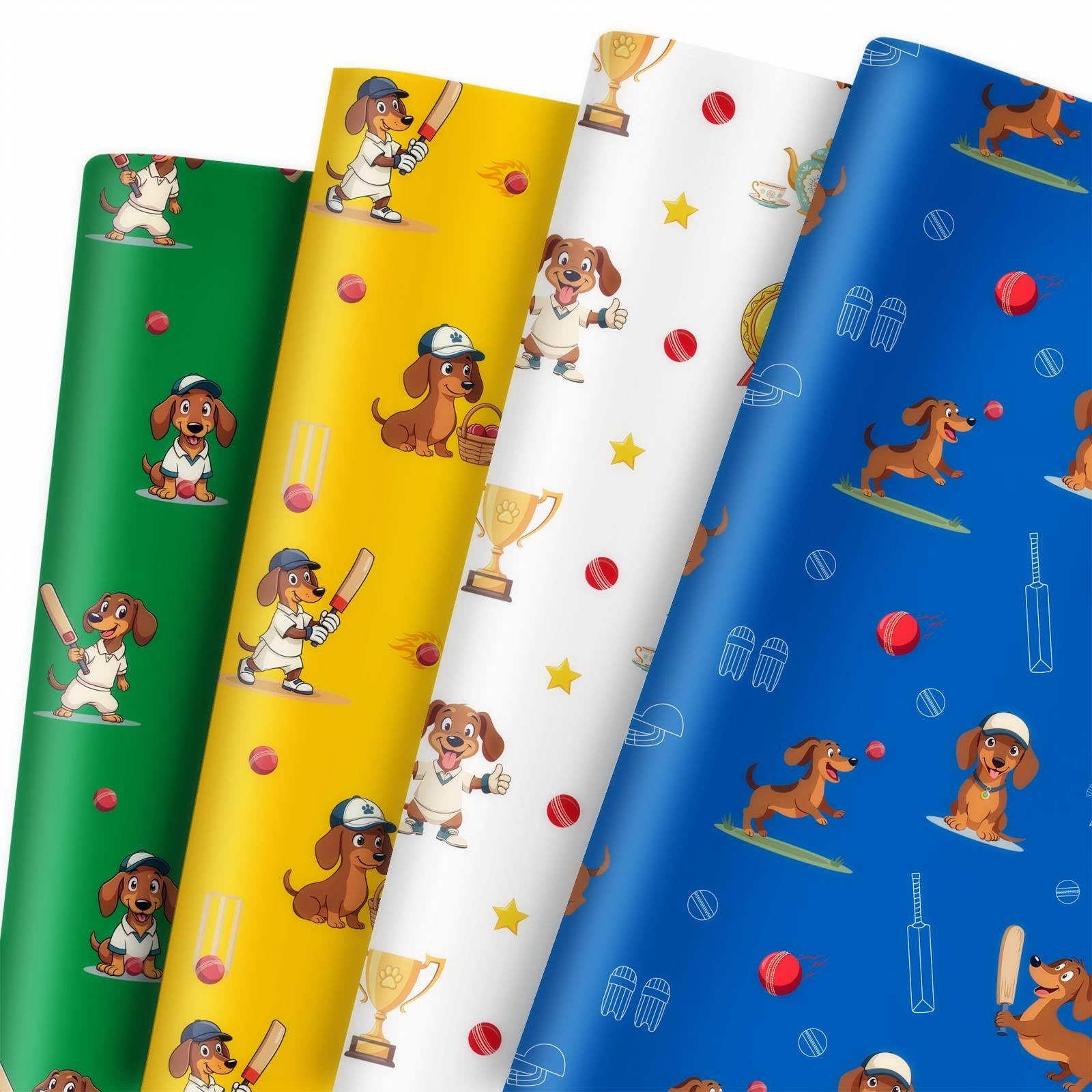 GleeWrap Sausage Dog Cricket Wrapping Paper - 12 Sheets Funny Dachshund Gift Wrap Set, Premium Thick Paper for Cricket Fans, Men, Boys & Pet Lovers Birthdays, 50x70cm