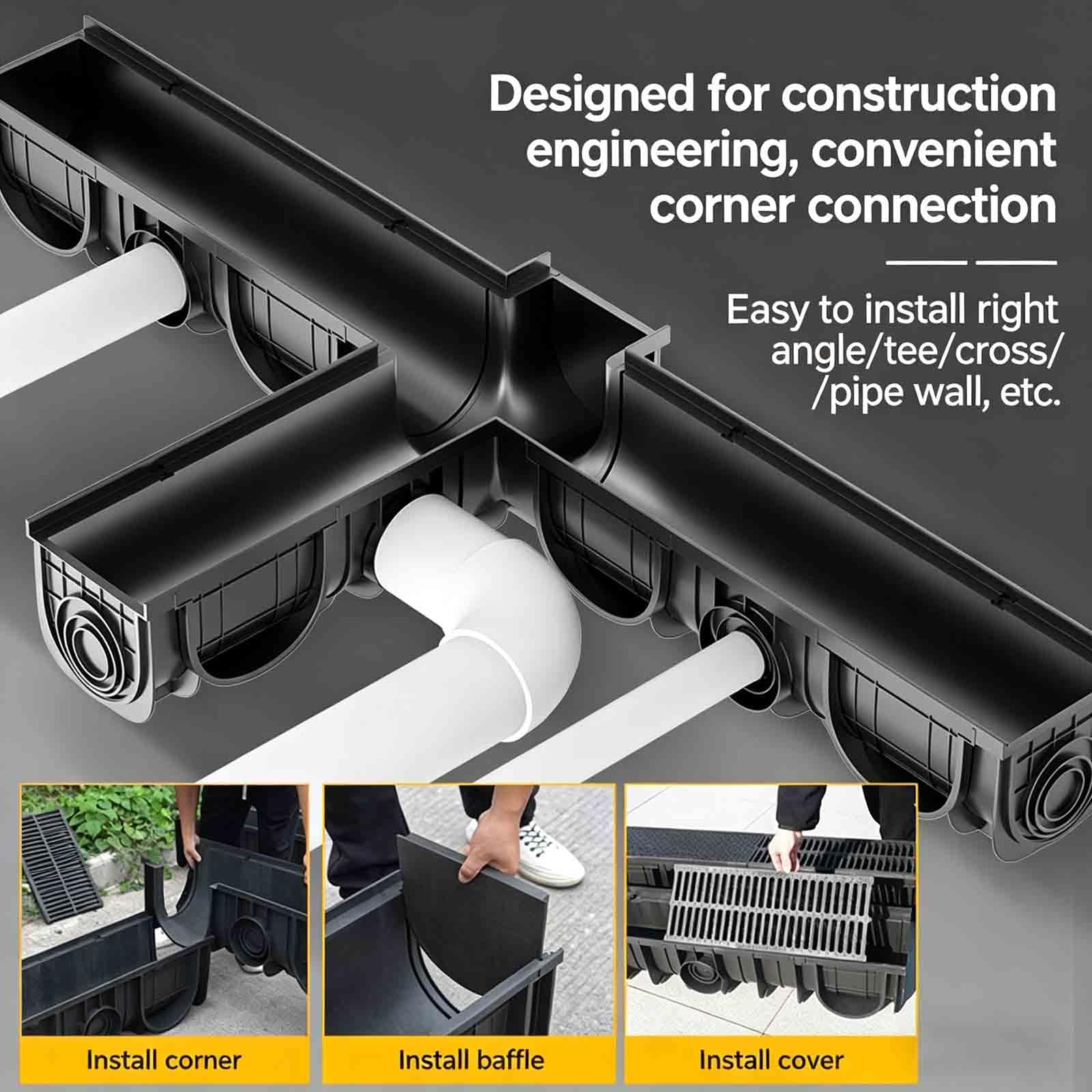 Grille de Drainage en Plastique PEHD 1m x 200mm, Drain de Tranchée Robuste Extérieur, 100x20x20cm, 4 Pack