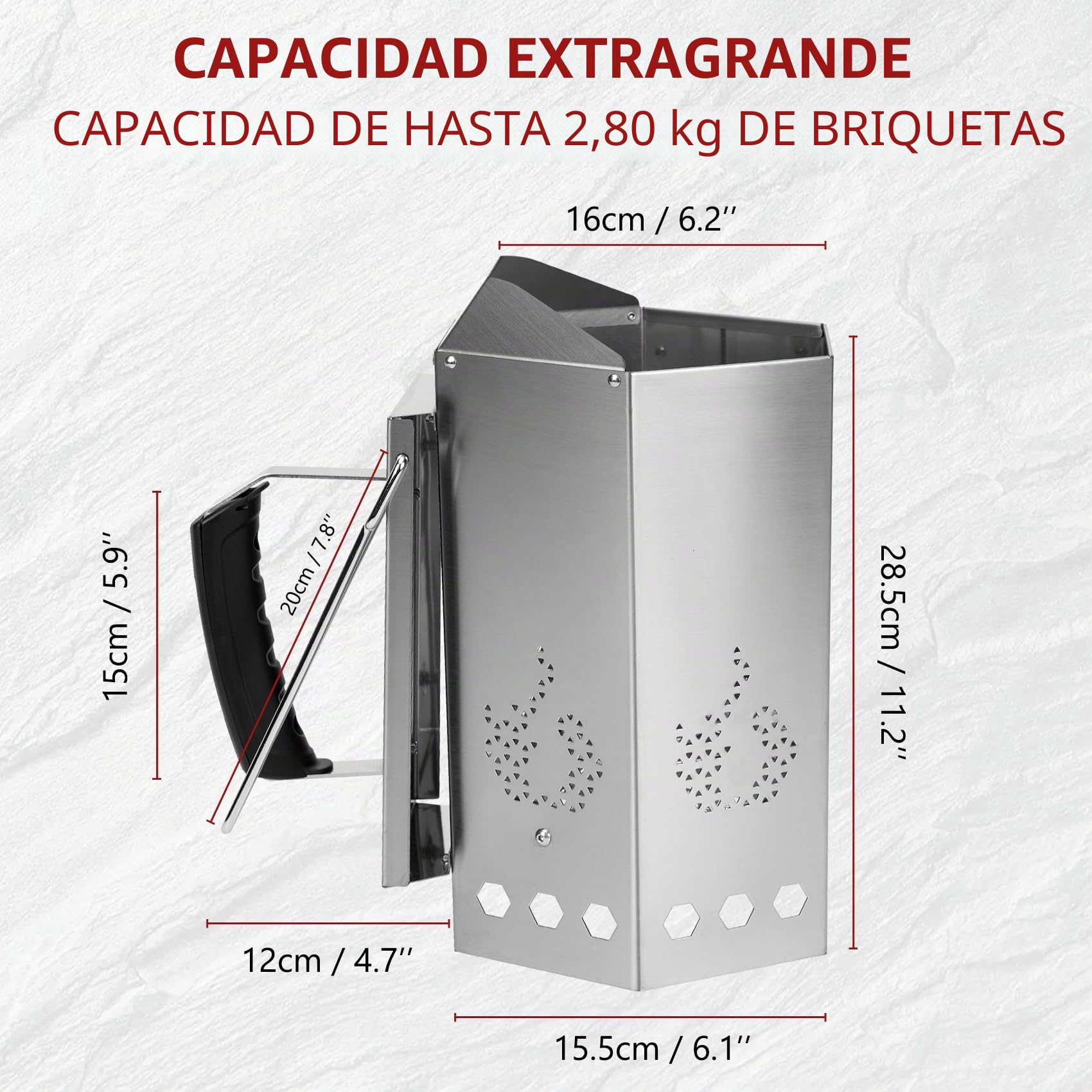 onlyfire Chimenea de Encendido de Acero Inoxidable, Arrancador de Chimenea para Barbacoa con Termoaislante y Asas Metálicas, Encendedor Rápido para Barbacoas y Parrillas de Carbón