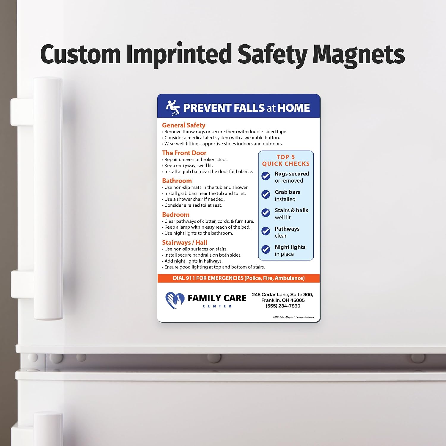 Safety Magnets by ZOCO – 100-Pack Custom How to Prevent Falls at Home Fridge Magnets – Personalized with Logo and Text – Promotional Handout for Senior Safety & Healthcare – 5" x 7"