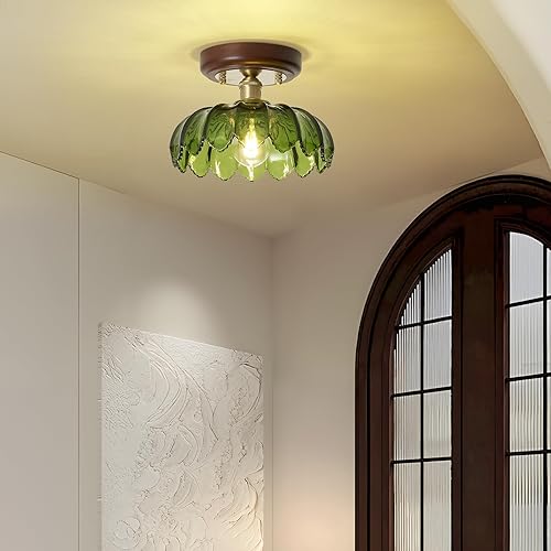 Miniatura 8 de Lámpara de techo semiempotrada de 10 pulgadas con base de cobre de vidrio verde, lámpara de techo vintage para pasillo, moderna lámpara de montaje