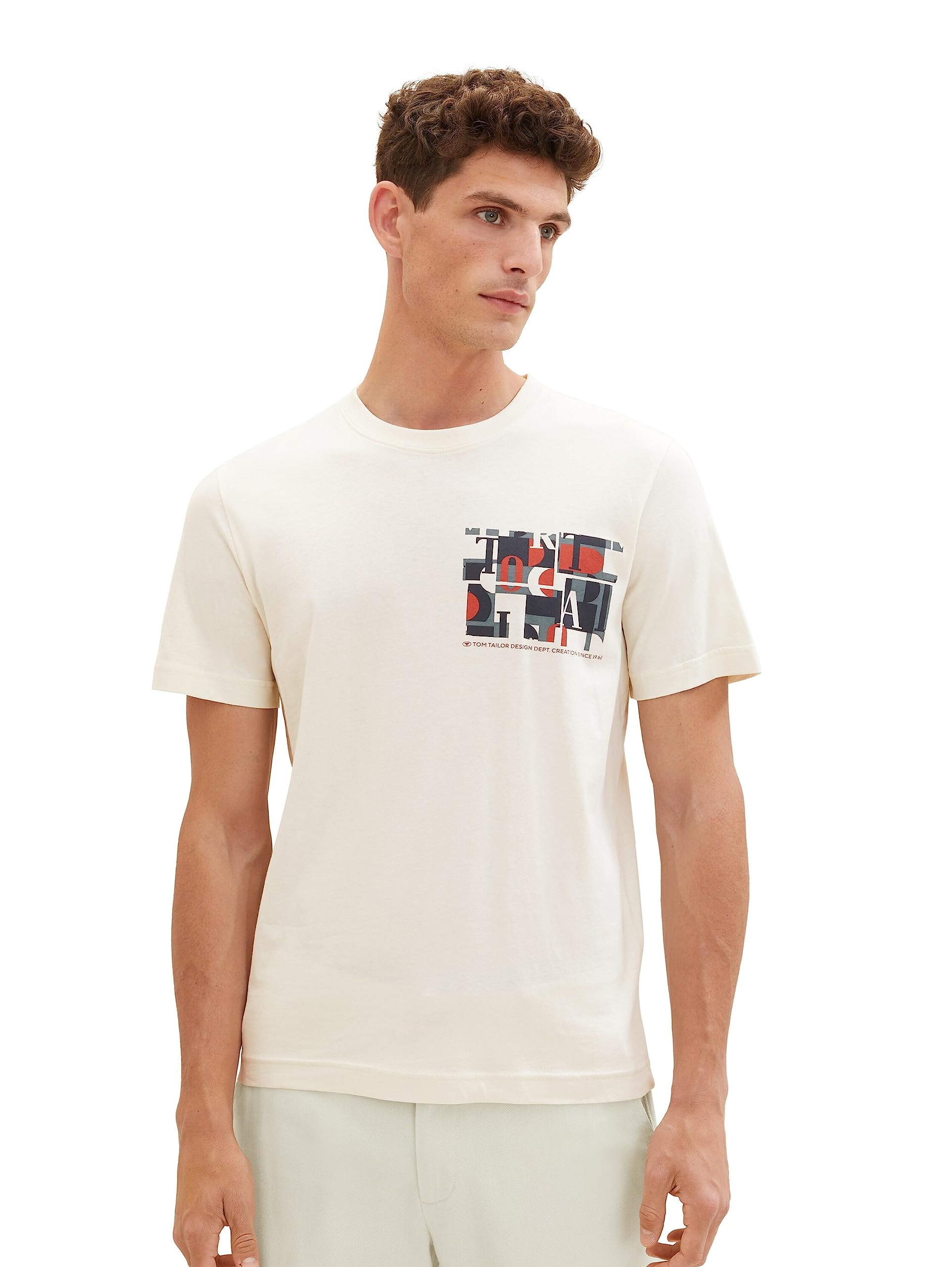 TOM TAILOR Men's Cotton T-Shirt with Print, 18592-vintage Beige, L