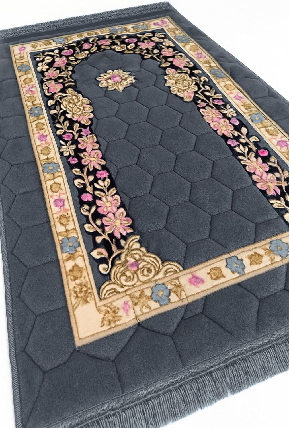 Prayer Mat Muslim Rug Islamic - Padded Thick Prayer Rug Sajadah for Men Women with Islam Prayer Beads for Eid Travel Ramadan, Soft and Luxury (Grey)