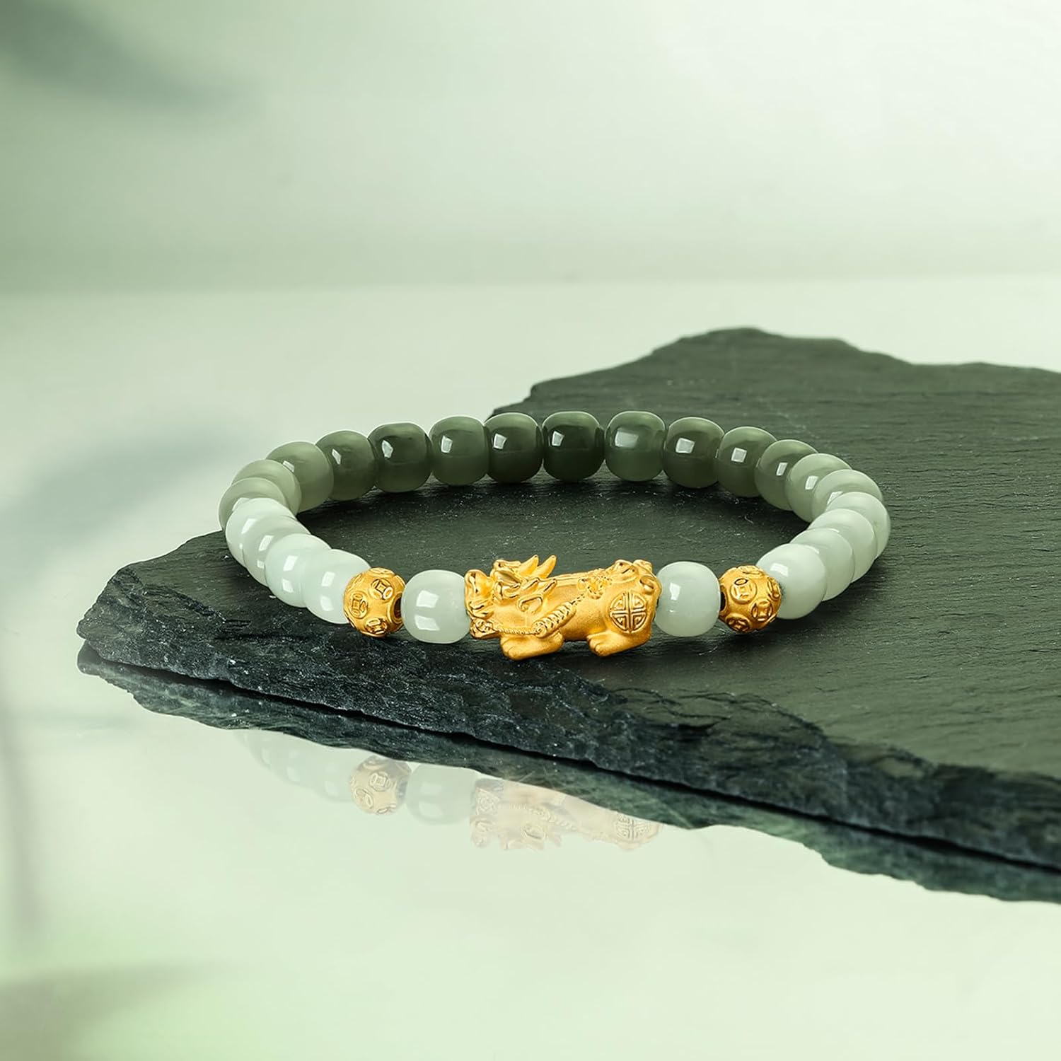 24K Solid Gold Feng Shui Bracelets Real Pure Gold Pixiu Beaded Bracelet Hetian Green Jade Dainty Jewelry for Women Her Mom Anniversary Birthday