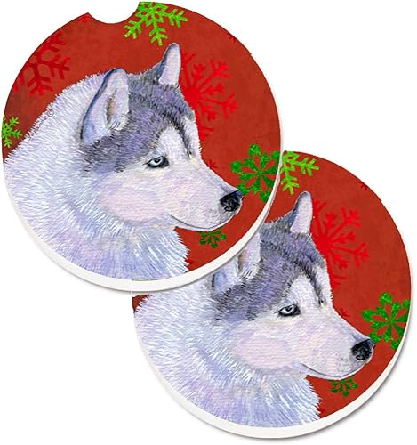 Tesoros de la Caroline Husky siberiano Rojo, Verde Copo De Nieve Navidad Juego de 2taza titular coche Posavasos ss4671carc, 2,56de día festivo,