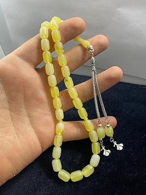 Beyrut Sıkma Kehribar Kokulu Tesbih Yuvarlak Kesim Sarı Renkli Metal Püsküllü