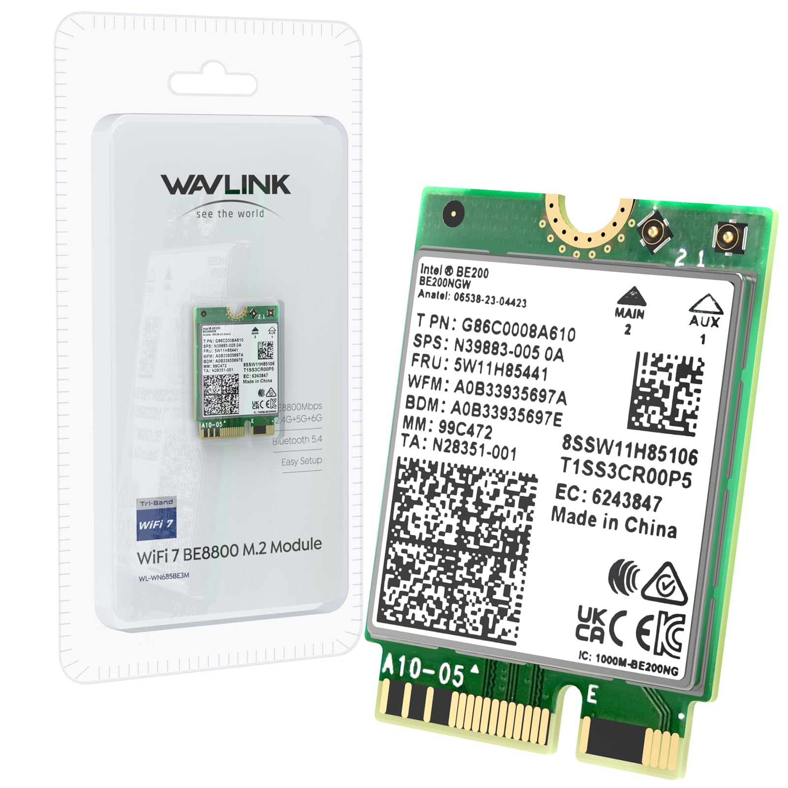 WAVLINK WiFi 7 Carte WiFi, 8774Mbps Tri-Band BE200 M.2 NGFF Network Module with Bluetooth 5.4, MU-MIMO, WPA3, Support Windows 10/11(64-bit) Laptop, Non Disponible pour Les Cartes mères AMD