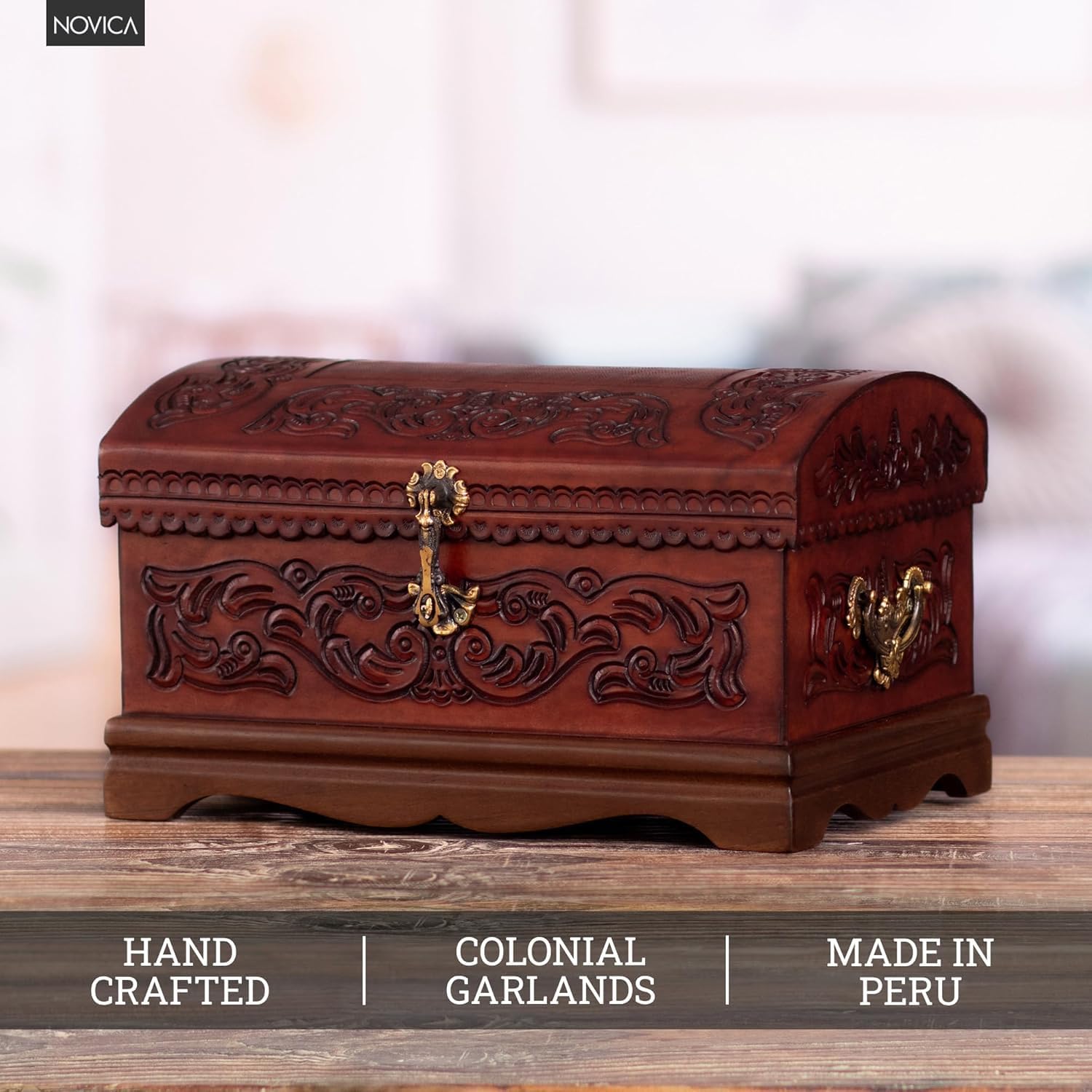 NOVICA Colonial Theme Mohena Wood and Tooled Leather Jewelry Box, 'Colonial Legacy'