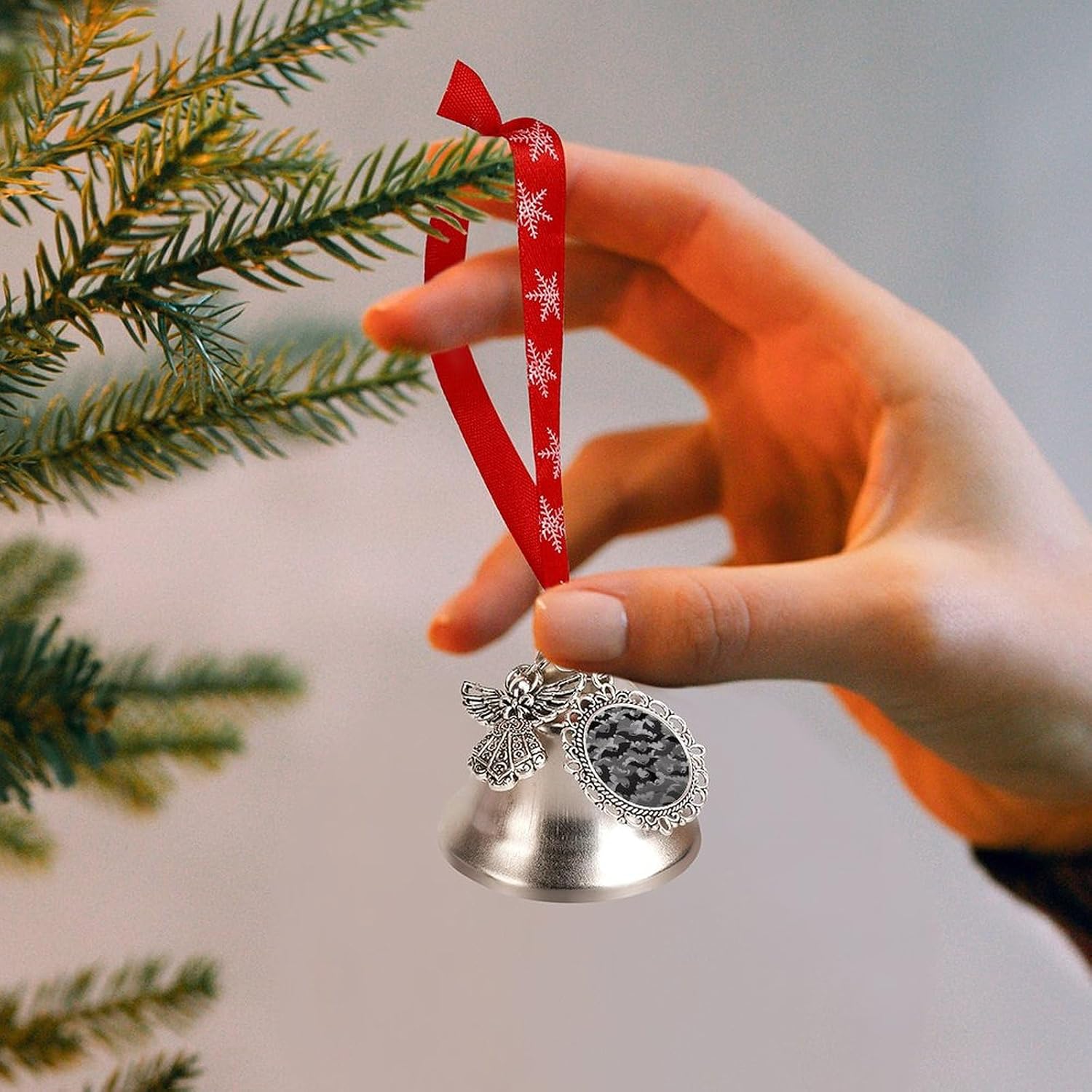 Christmas Bell Halloween Bats Grey Jingle Bell with Wings Pendant Christmas Ornament Metal Vintage Bells with Red Rope Christmas Tree Hanging for Holiday Party Decoration