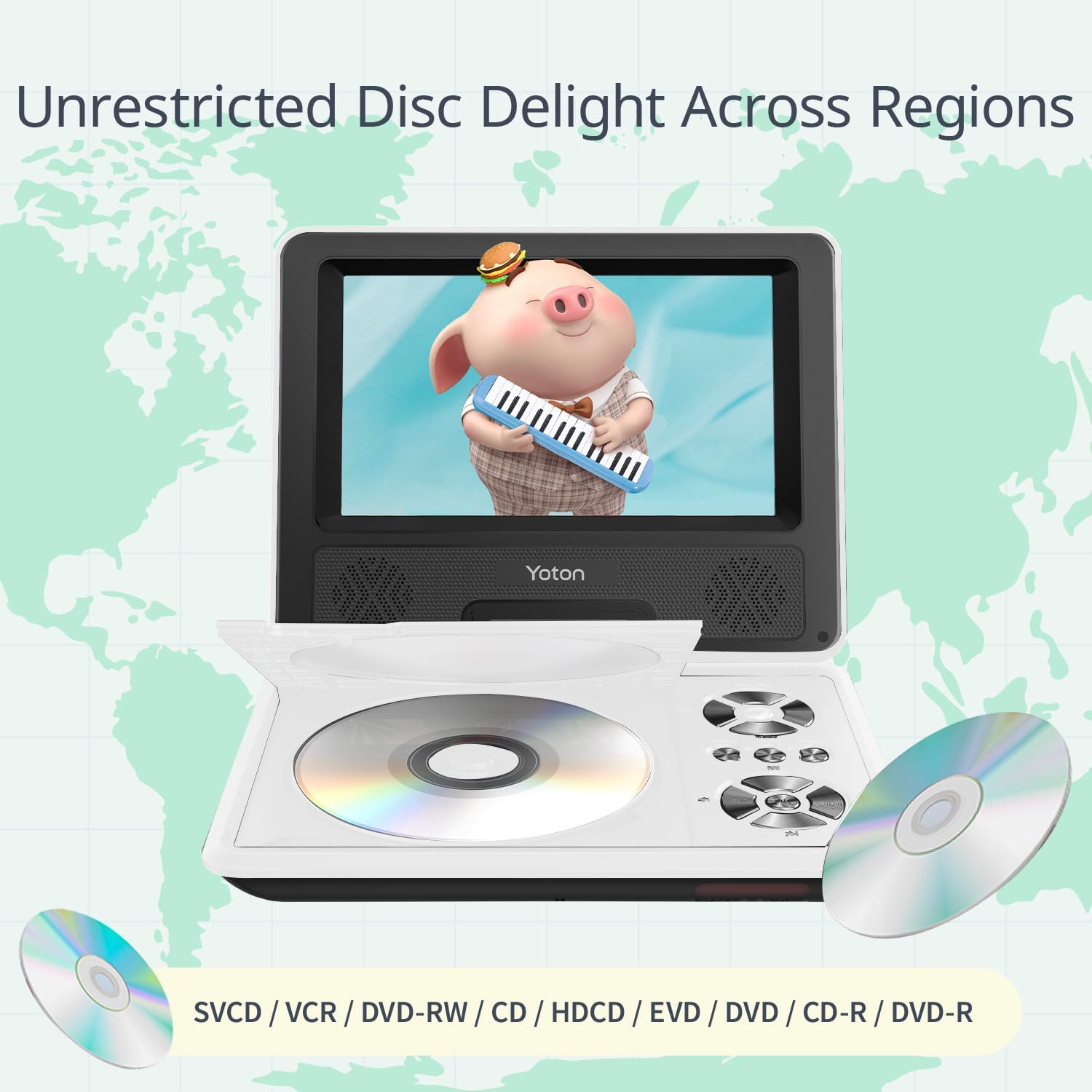 YOTON Portable DVD Player showing compatibility with various disc formats, USB drives, and SD cards.
