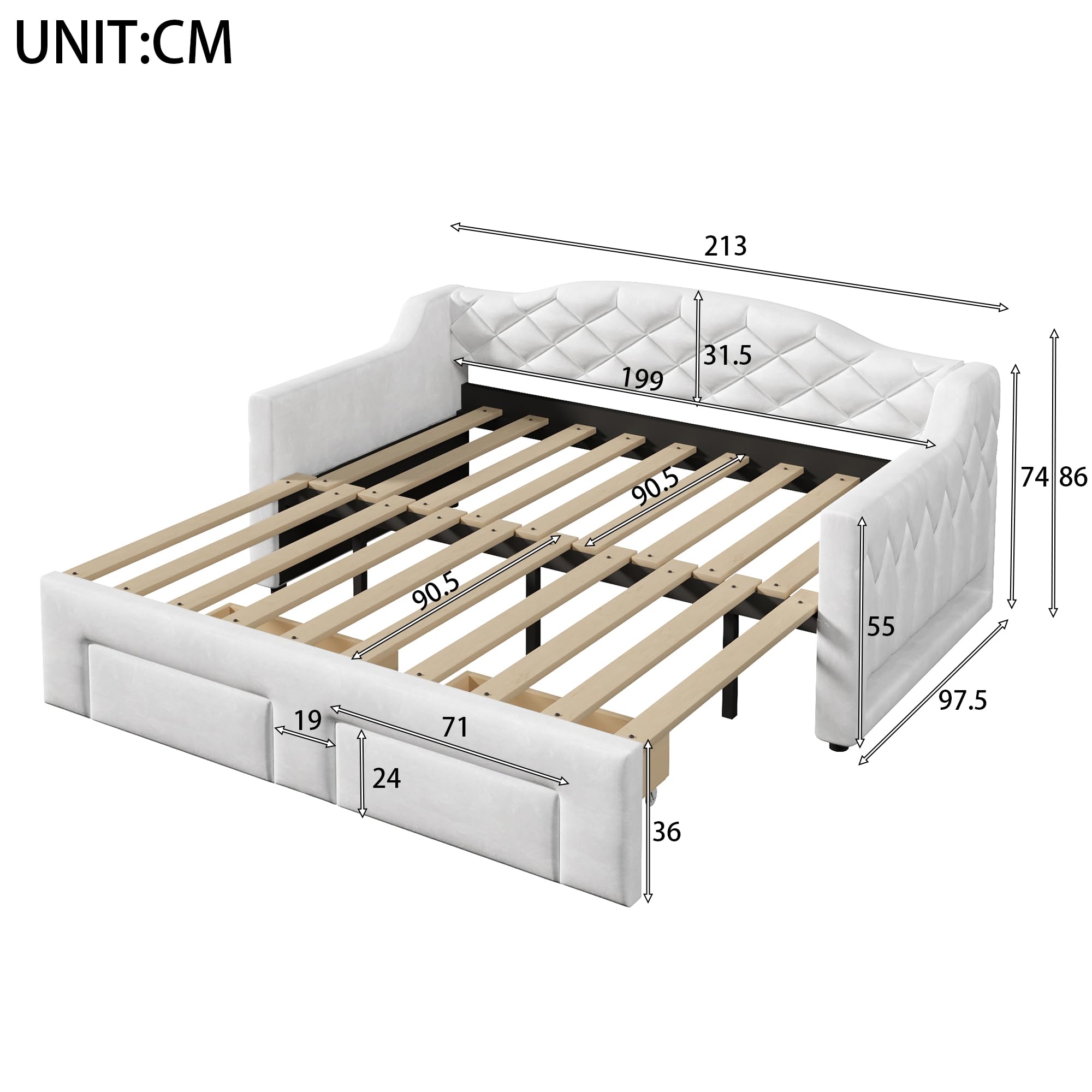 Canapé Lit 90x200cm avec Lit Gigogne, Banquette Lit 90/180x200 cm avec LED, 2 tiroirs, Canapé lit 2 Places Convertible Multifonctionnel, sommier à Lattes, Extensible, sans Matelas,Blanc