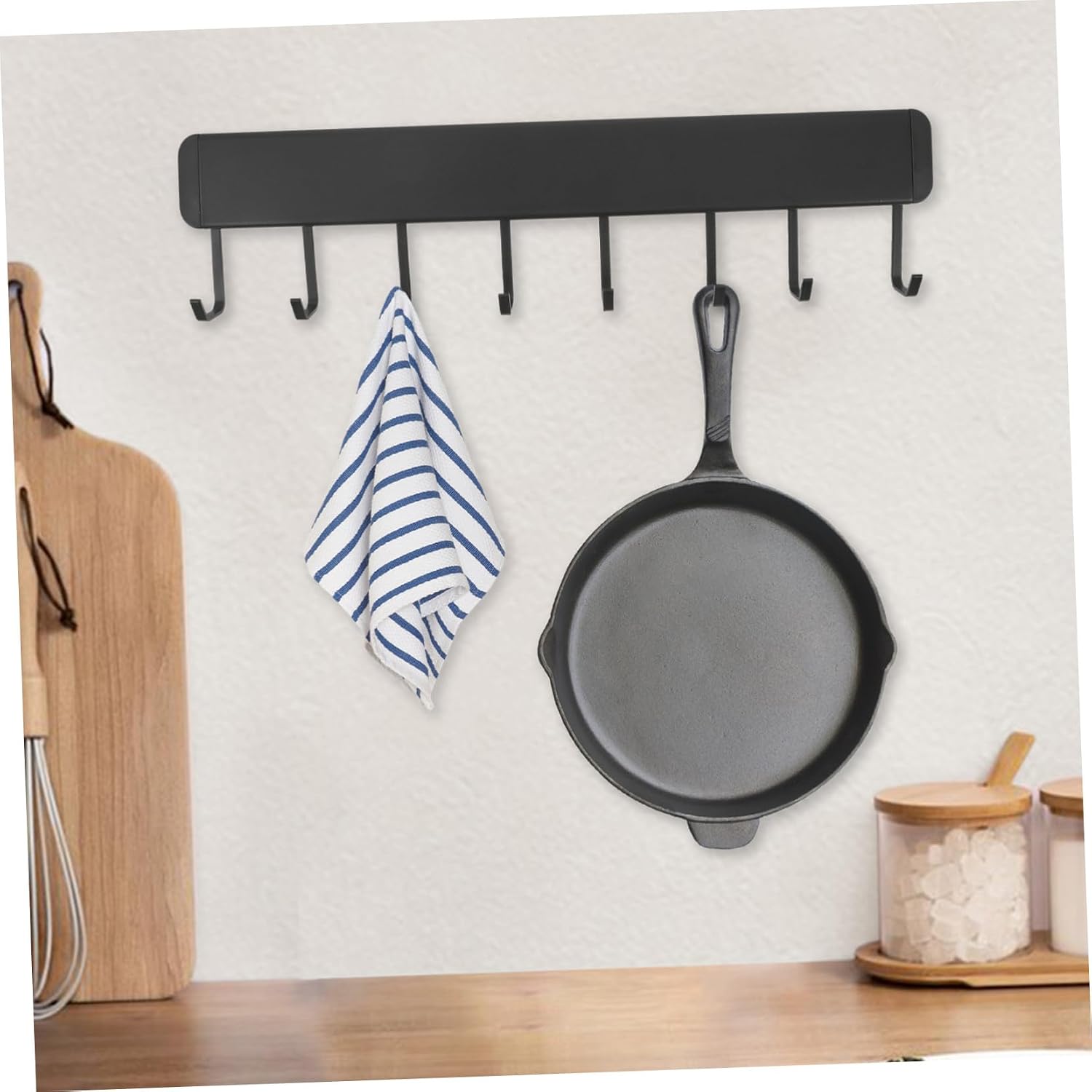 No Punching Kitchen Utensil Holder Wall Mounted Rail with Hooks for Space-Saving Kitchen Organization Adhesive Storage Rack for Pots Pans Towels and Cooking Tools