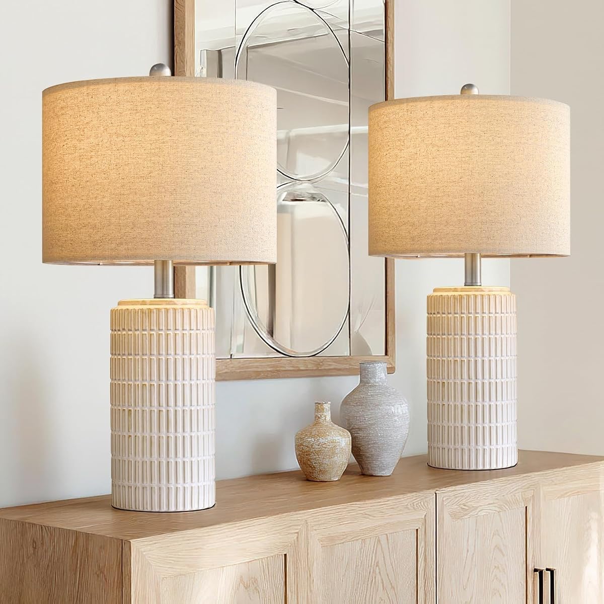 PoKat 24 Modern Ceramic Table Lamps Set of 2 for Bedroom White Bedside Lamps