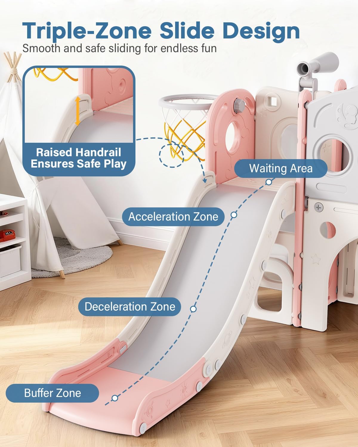 Babytronic Toddler Slide, 8 in 1 Kids Slide with Basketball Hoop, Telescope and Climber, Baby Slide Toddler Playground, Indoor Outdoor Playset for Toddlers Age 1-3, Kids Indoor Playground (Pink)