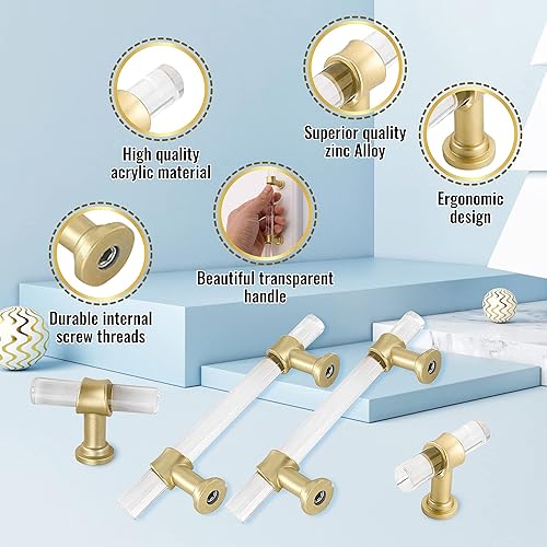 Miniatura 5 de Manijas doradas para gabinete, 5.5 tiradores de acrílico para gabinete, manijas de gabinete de cocina y baño y cajones, perillas acrílicas con