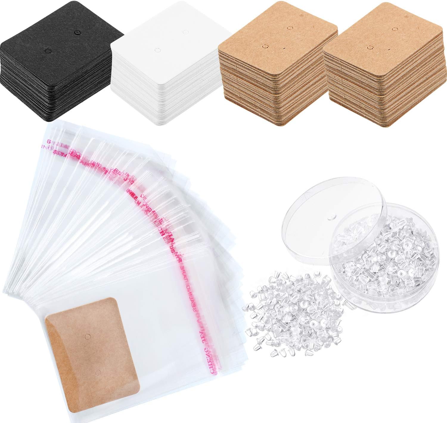 200 Pieces Earring Display Kraft Card Earring Card Holder, 200 Pieces Self-Seal Bags and 500 Pieces Silicone Earring Backs (Color 2)