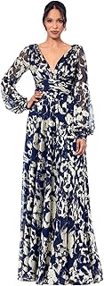 Women's Metallic Foil Long Mesh Sleeve V Neck Gown - Buy now