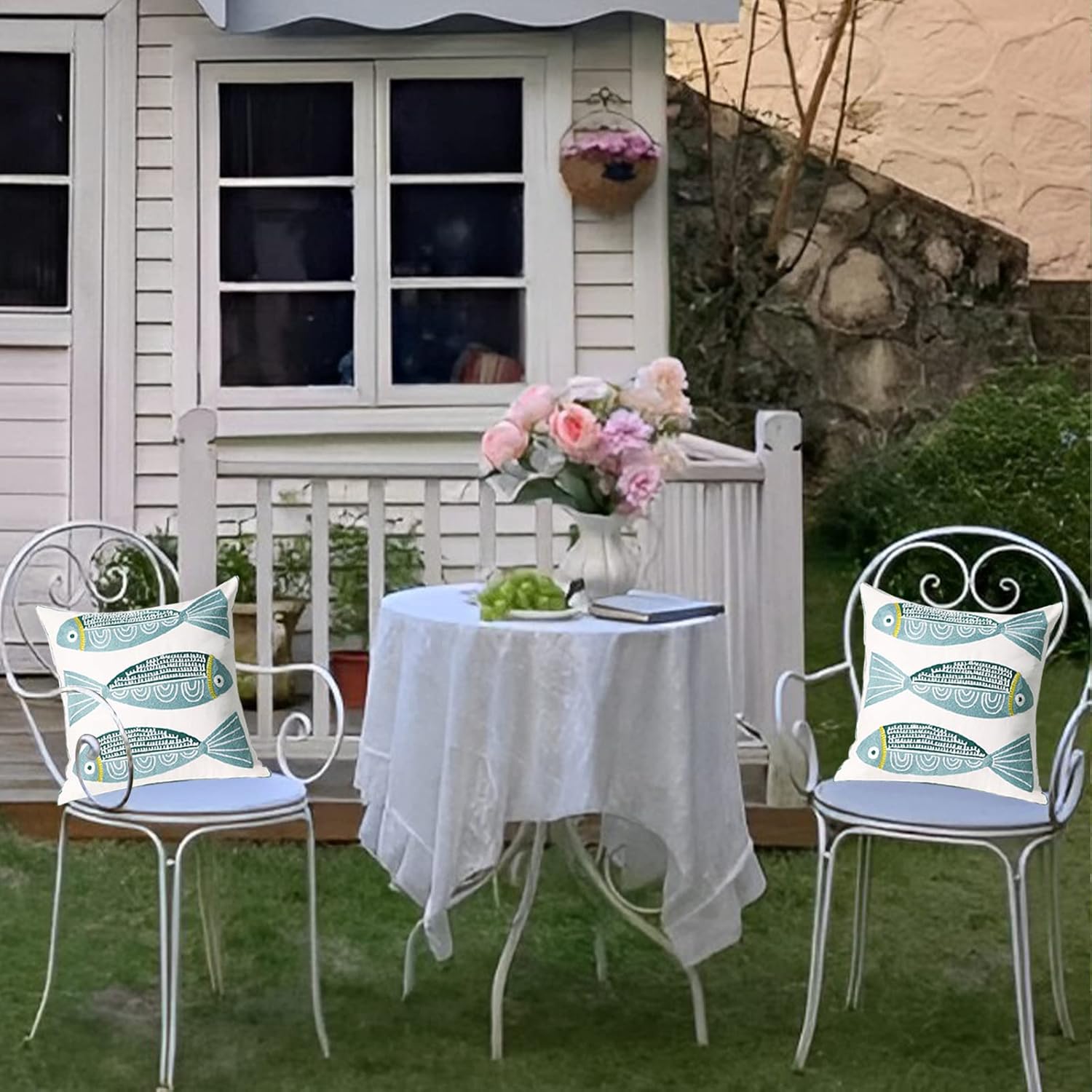 2 PCS Embroidered Throw Pillow Cover Cotton Decorative Square Cushion Cases for Home Sofa Bed and Chair 18 x 18 Inch (Blue Fish-2)