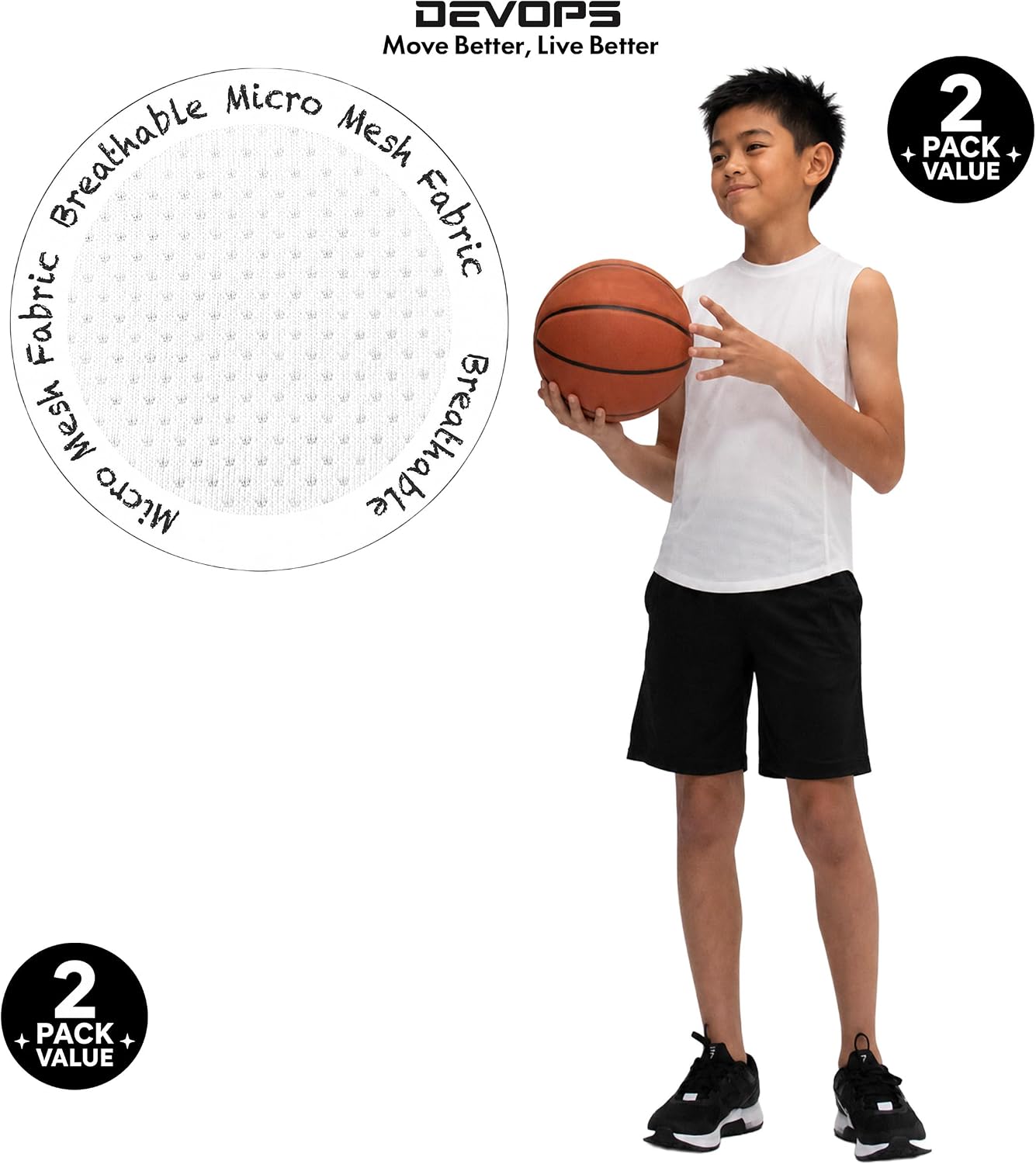 DEVOPS 2 Pack Boys Athletic Tank Tops Breathable Mesh Sleeveless Shirts