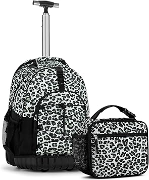 Choco Mocha Rolling Backpack for Girls, 18 Inch Roller Backpack for Middle School Bookbag with Wheels for Teen Girl, Leopard Rolling Backpacks for Girls 8-12 with Lunch Bag Set, Black