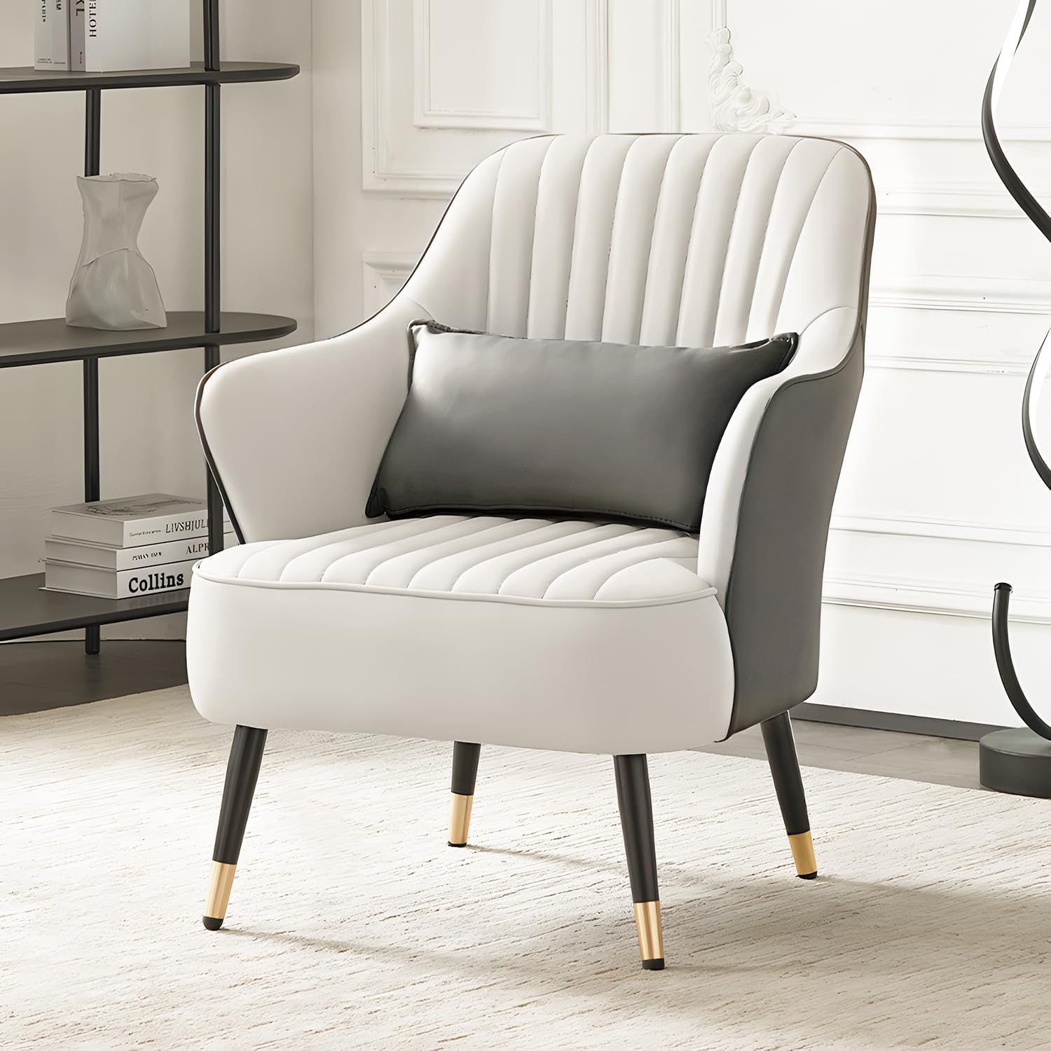 MoNiBloom Accent Upholstered Chair for Living Room & Bedroom, Mid-Century Modern Leather Sofa Chair with Lumbar Pillow for Reading, Metal Legs in White & Gray Contrasting Colors