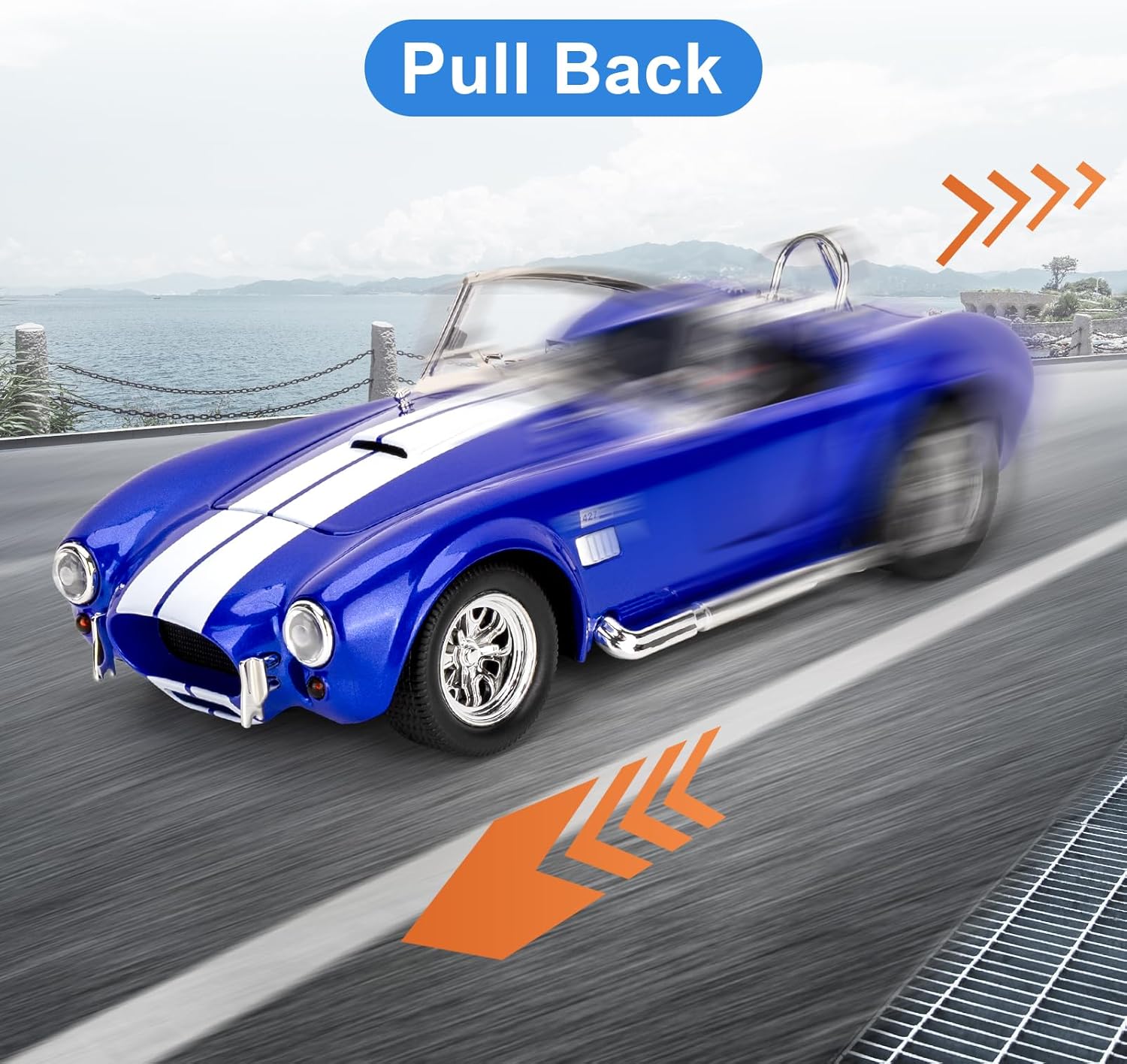 BDTCTK 1/24 Scale Shelby Cobra 427 Diecast Model Car, Blue Pull Back Vehicle with Sound and Light, Zinc Alloy Body, Opening Hood and Trunk, Collectible Toy for Kids 3+ Years