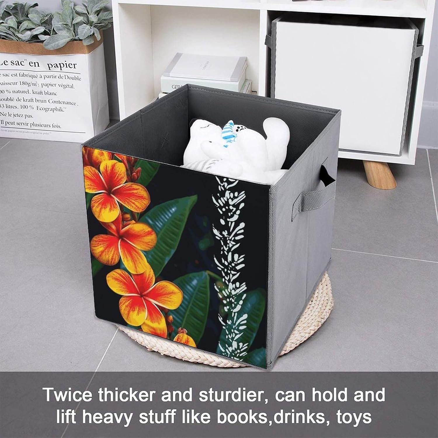 Folding Storage Bins Oxford Fabric Clothes Storage Boxes with Handles | Eye-catching Hawaiian Flowers Cube Organizer, Easy to Store, Multi Functional Cube Storage Organizer for Office Bedroom