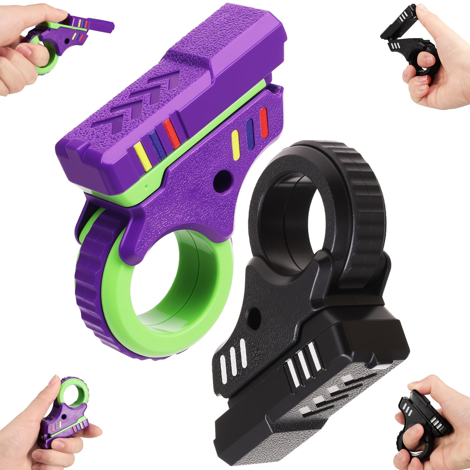2pcs Fidget Gun Slider Ring Toy for Kids Adults, Funny Stress Relief Relax Finger Roller Toys Gifts for Focus Fidgeting Birthday Christmas