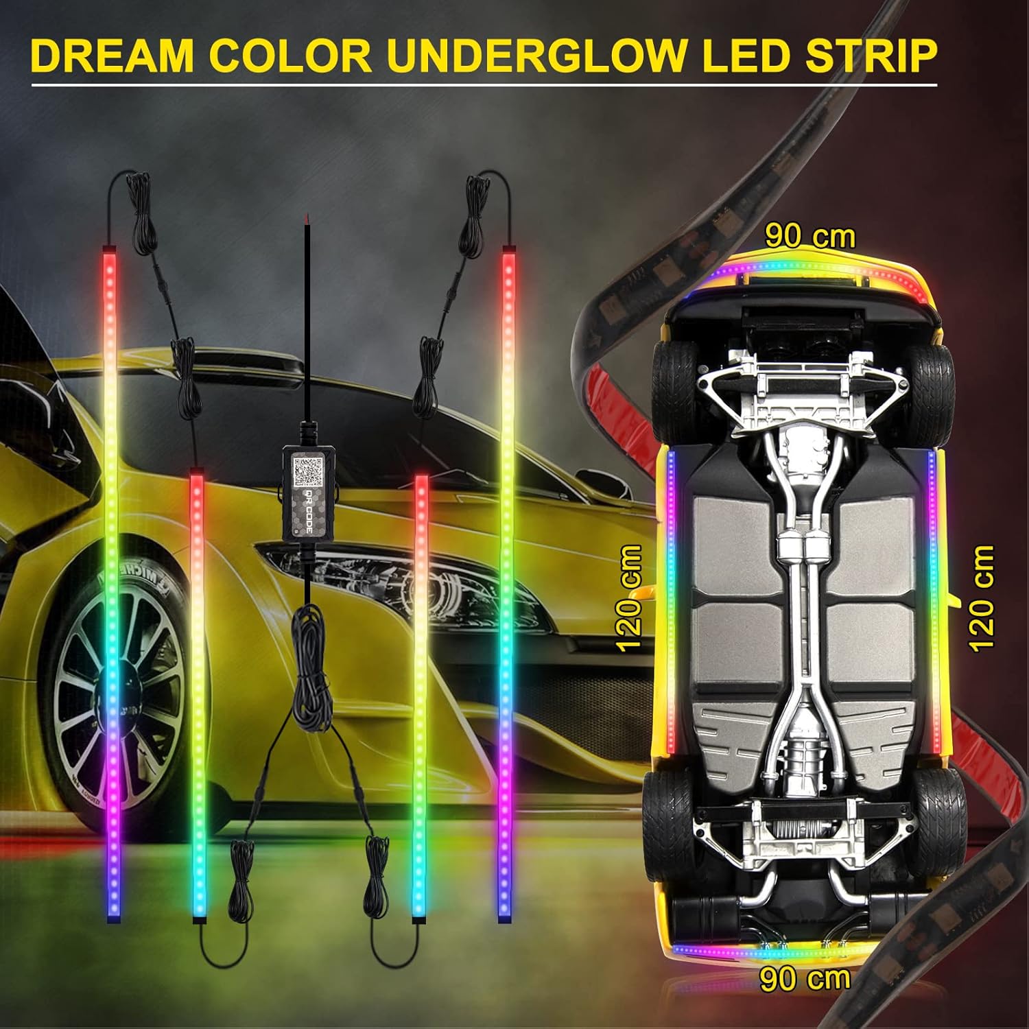 OPP ULITE Car Underglow Light Strip Dream Chasing Color, Upgraded Silicone Material, 212 Modes, 252pcs Led, APP Control Underbody Lights Kit, 90&120CM, 4PC Pack