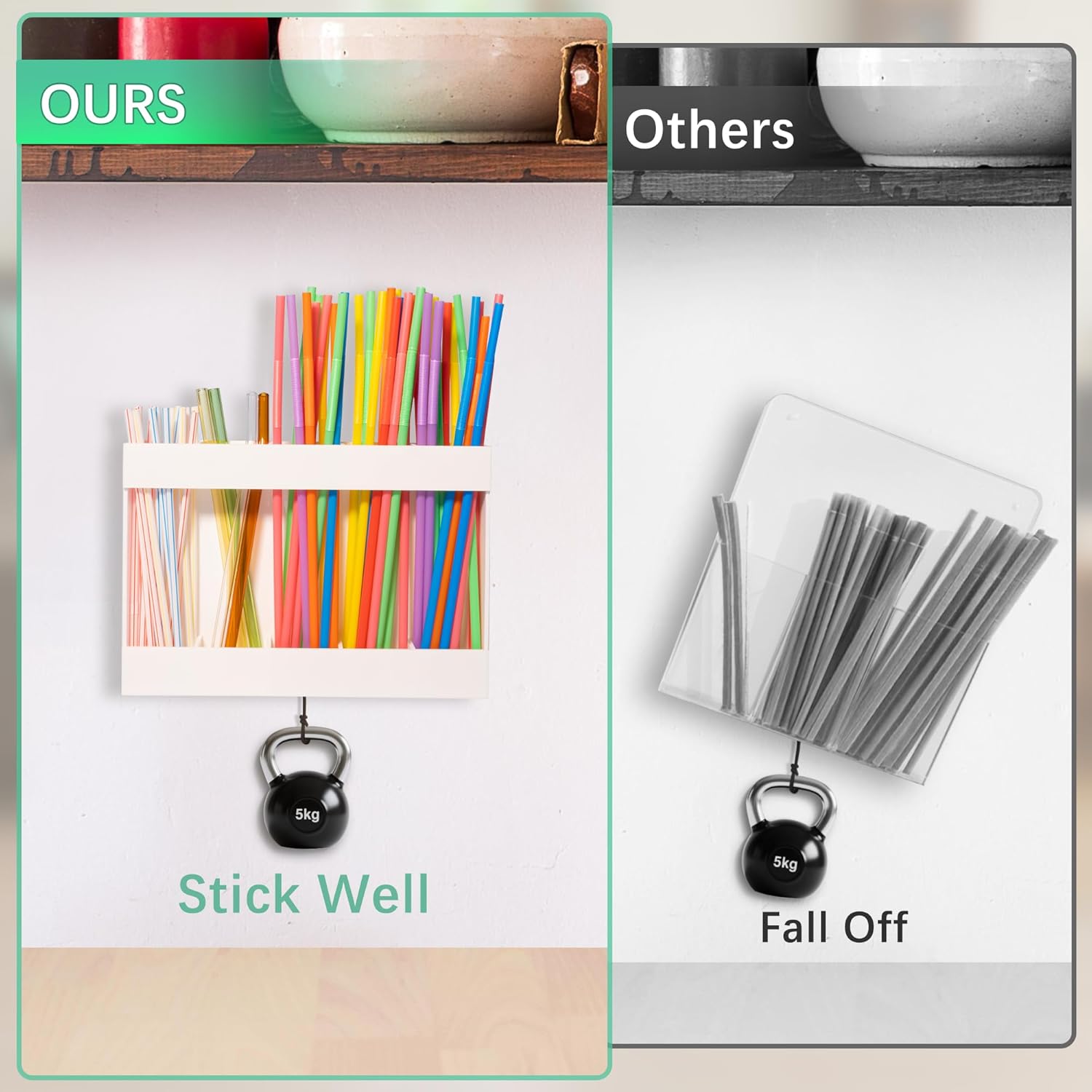 Acrylic Straw Holder for Cabinet Door with Double Sided Adhesive Tape Reusable Tumbler Straw Organizer Storage Container Dispenser for Counter Cabinet Cupboard Kitchen(White) - Image 4