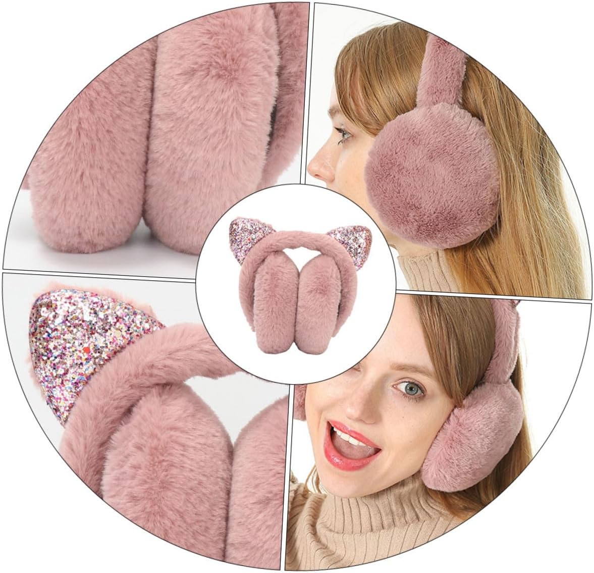 KOMBIUDA Foldable Protective Sequin Ear Muffs Winter Earmuffs with Cat Ears for Women Outdoor Winter Accessory