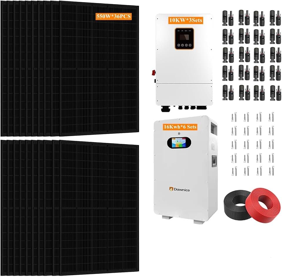 20KW Hybrid Solar Power System Complete Kit 36PCS 550W Solar Panel (20KW) +3Sets 48V 10KW Split Phase Inverter Built in MPPT+ 6Sets-51.2V 314Ah 16 kwh Whole House Storage LiFePO4 Lithium Battery