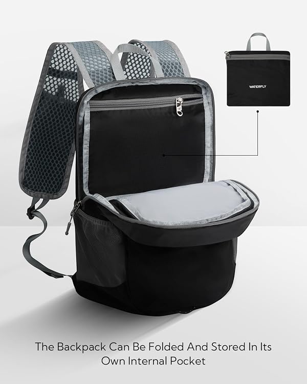 WATERFLY Packable Lightweight Small Backpack: 15L Foldable Mini Hiking Daypack - Ultralight Compact Day Pack for Women Men Outdoor Travel Camping Walking - Black by WATERFLY - Image 4