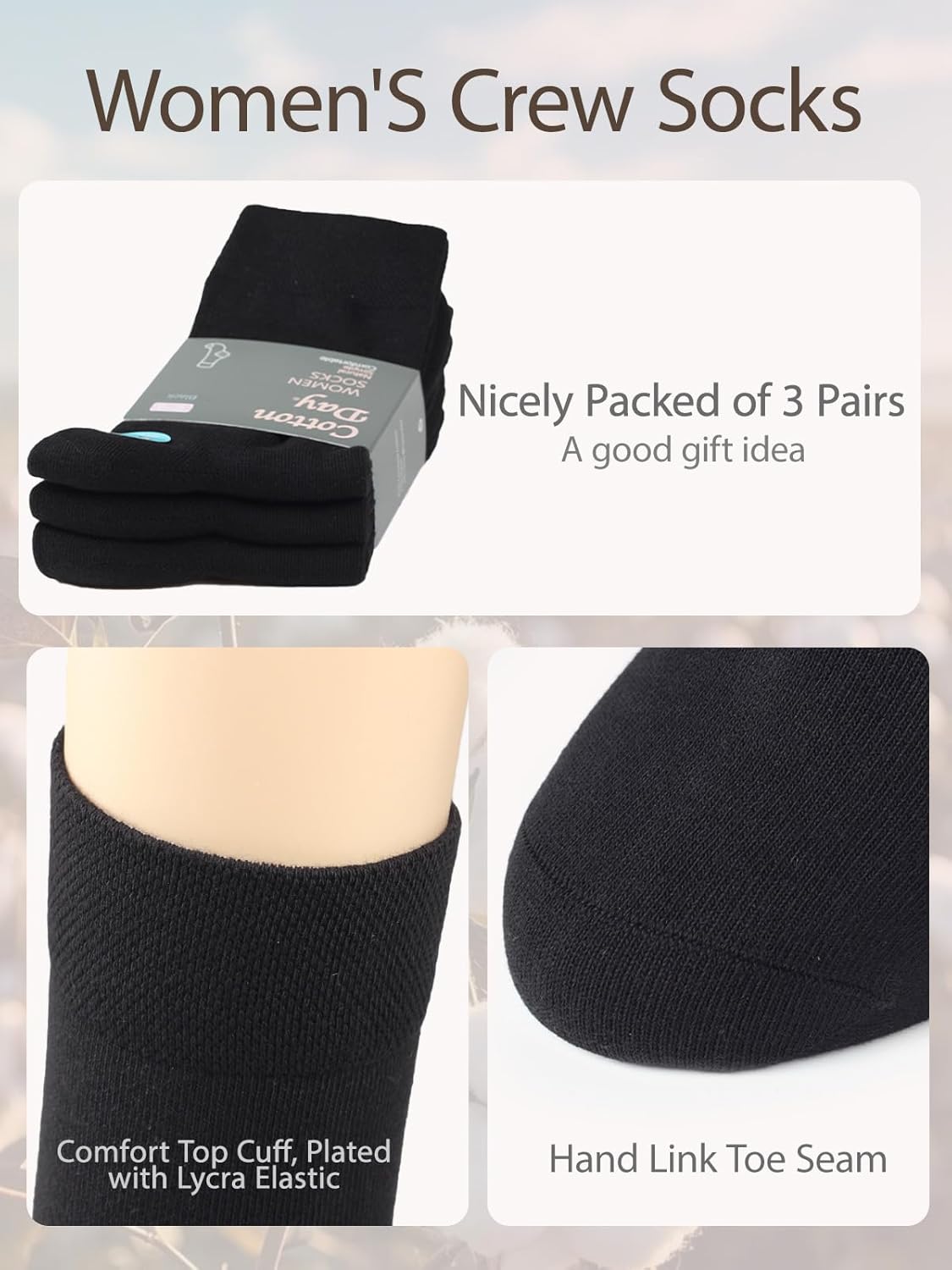 COTTON DAY Women's Soft Combed Cotton Dress Socks Seamless Toe Black White Gray Navy Blue Brown Beige - Image 5