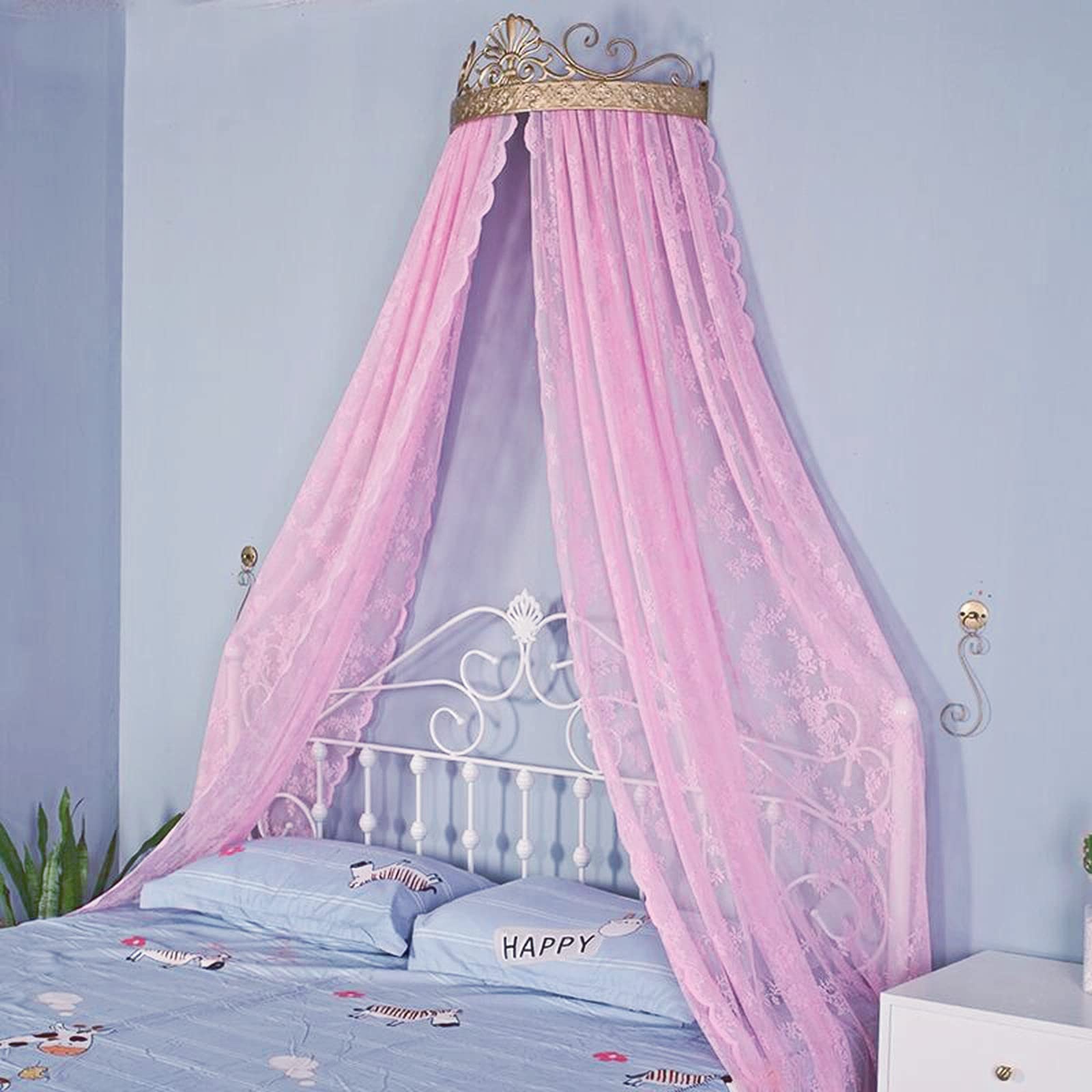 Cortina transparente floral rosa para cama Queen con dosel de corona