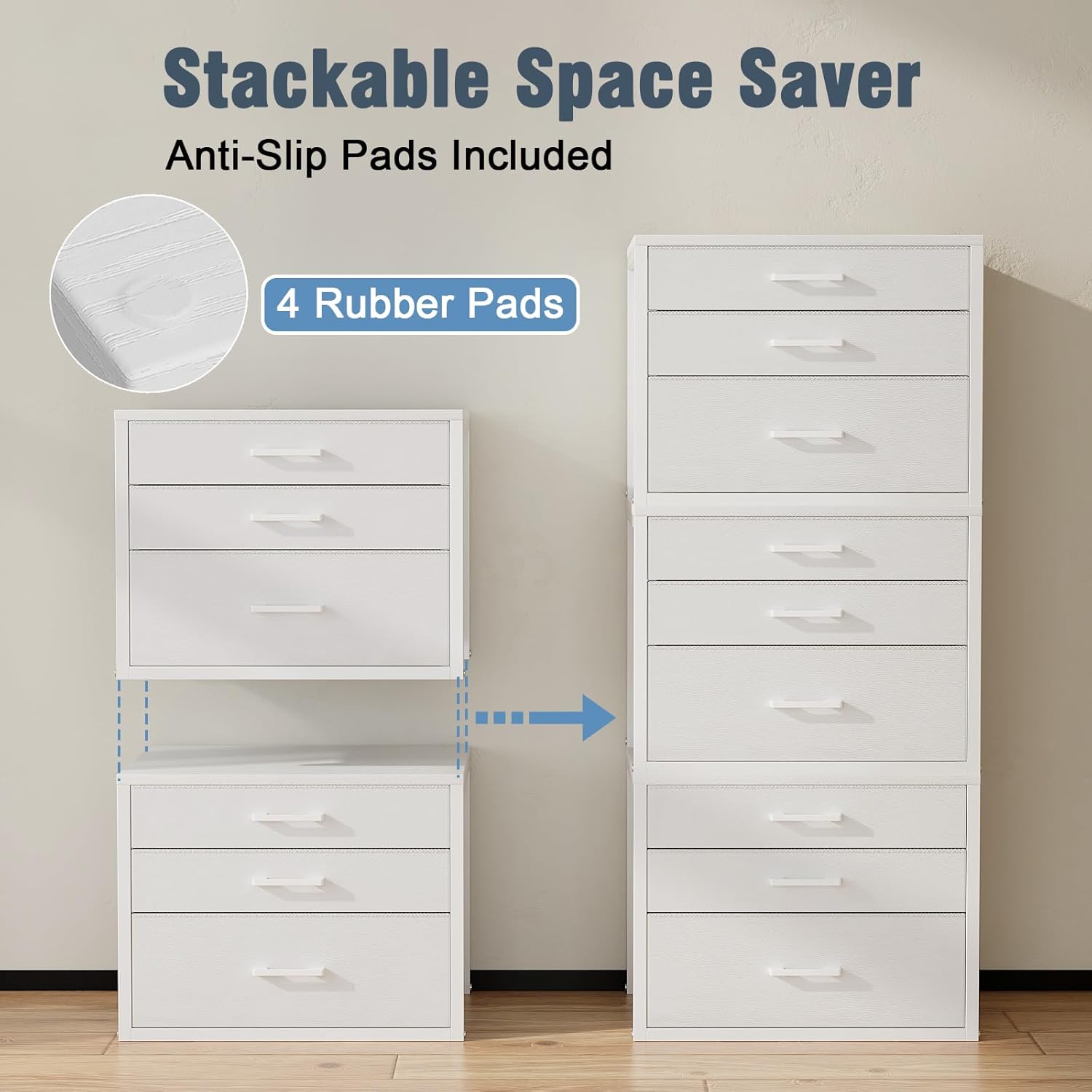 Closet Drawers Set of 2, White Closet Organizer with 3 Fabric Drawers, Stackable Storage Drawers for Closet, Bedroom, Dorm (White)