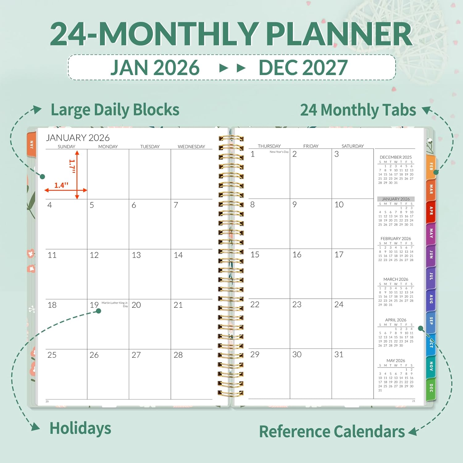 SUNEE 2026–2027 Monthly Planner – Large 7" x 10" Organizer with Tabs, Note Pages, 100 GSM Paper, 24-Month Calendar, Spiral Bound, Flexible Cover for Office, School, Women, Men, Green Wildflowers thumbnail