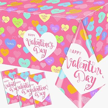 Valentines Day Tablecloth 3Pcs Conversation Hearts Tablecloths Plastic for Valentines Day Party Supplies, Wedding Anniversary Birthday Decor