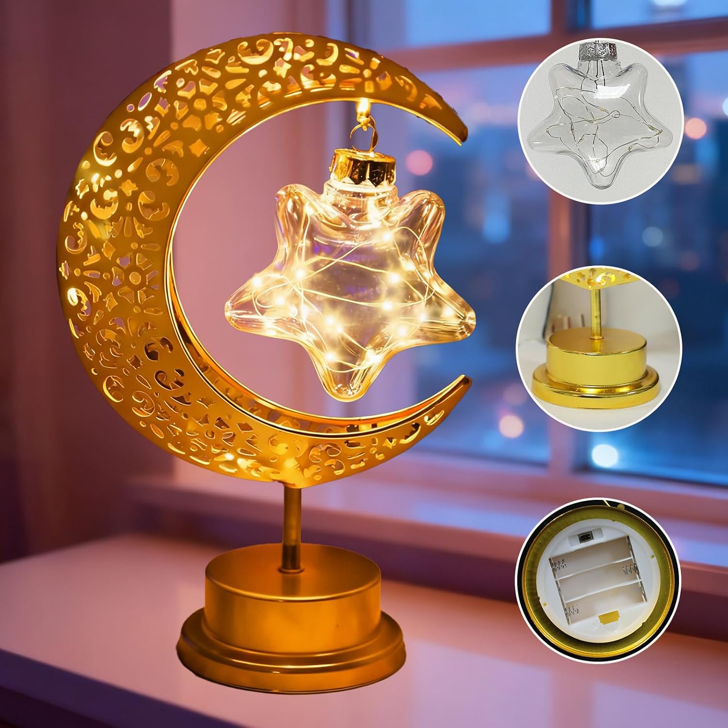 Gold Moon Table Night Light with Hanging Star Ramadan Decorative Lamp Battery Operated Suitable for Home Bedroom Shop Dining Table Holiday Party Eid Festival Decoration