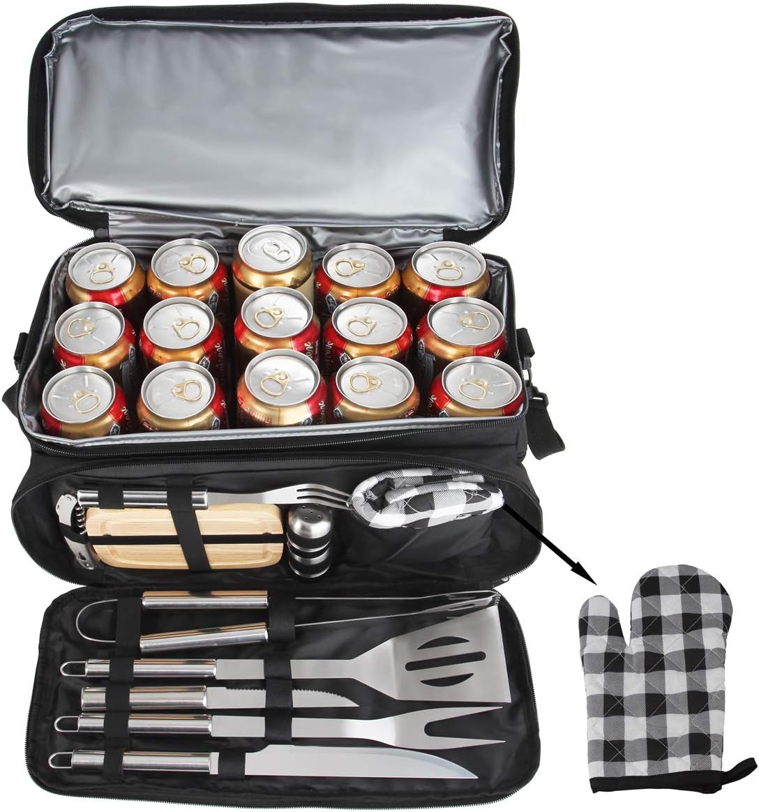 POLIGO 12PCS BBQ Grill Tools Set with 15 Can Black Insulated Waterproof Cooler Bag - Heavy Duty Stainless Steel Grilling Accessories Utensils - Complete Outdoor Grilling Kit - Birthday Gifts for Men