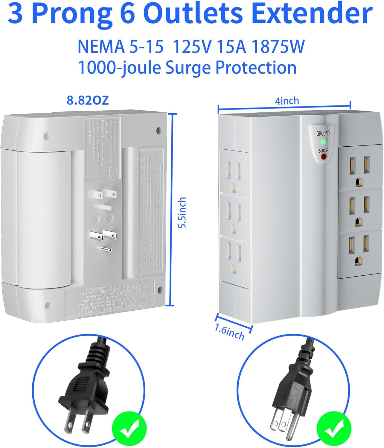 Elecan 6 Outlet Extender Surge Protector, Side Access Swivel Power Splitter, 3 Rotatable Multi Outlet Wall Tap Adapter, Tight Fit, 3-Prong Grounded Flat Space Saving Snug Plug, 1000J/125V, ETL-White